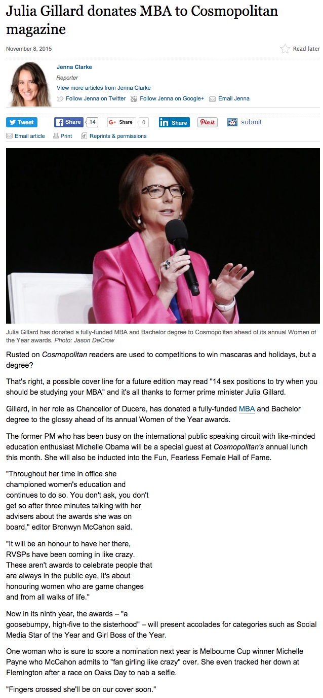 Julia Gillard donates MBA to Cosmopolitan magazine in the Sydney Morning Herald